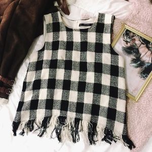 Zara Tweed Plaid Fringe Top
